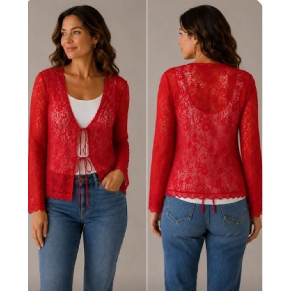 Red Tie Front 2XL Floral Lace Sheer Bell Sleeve Top Coquette Gothic Sheer Layer
